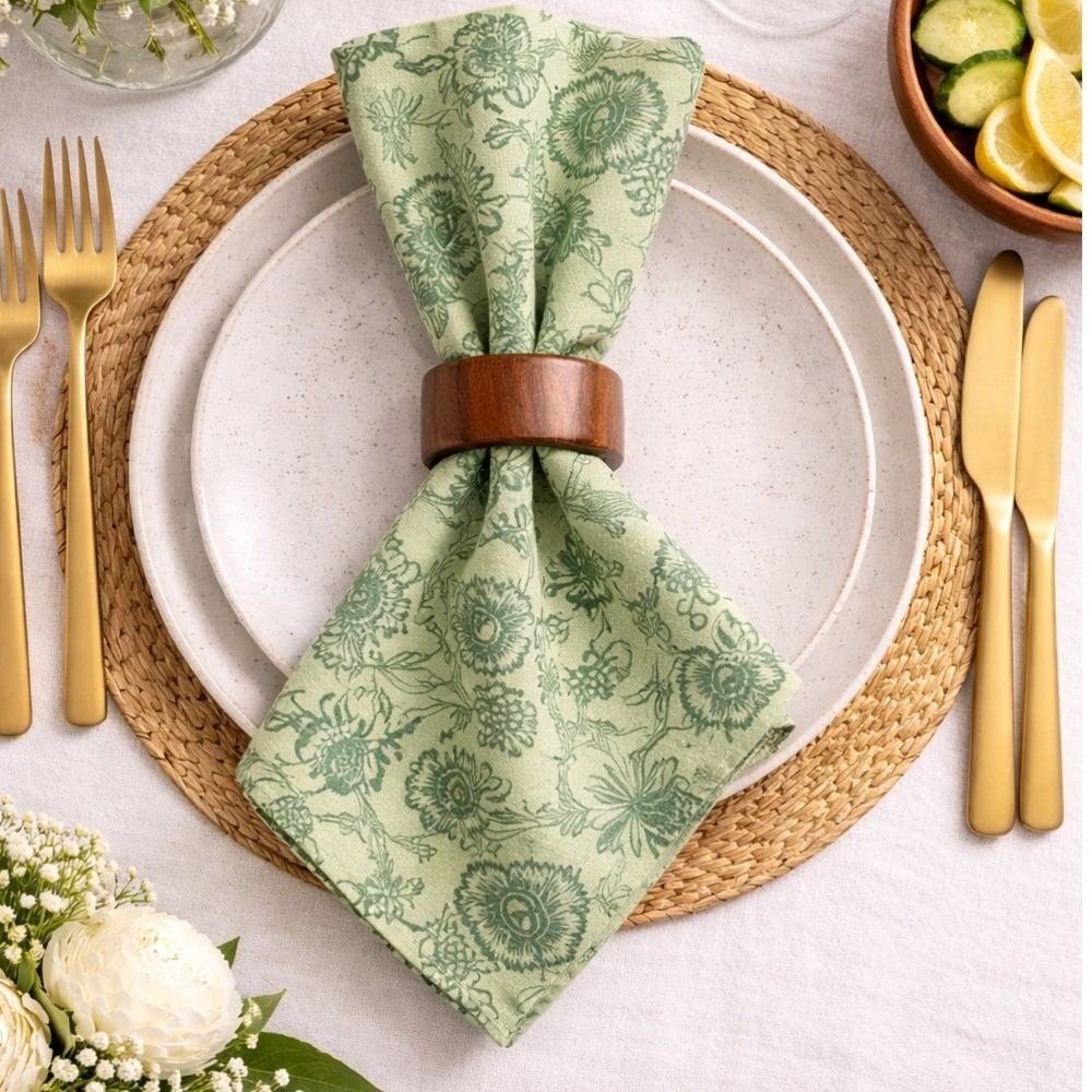 Noble Excellence Green Floral Cotton Cloth Napkins Set of 4 Botanical Print